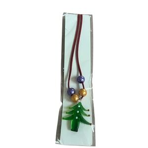Green Glass Christmas Tree Necklace with Purple & Gold Beads